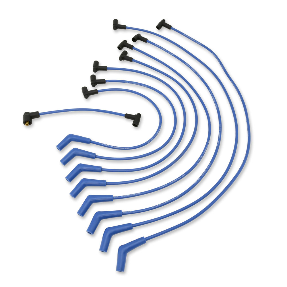 Taylor Cable Spark Plug Wires 64614; High Energy 8 mm Blue Spiral Core 45 deg./Straight Female/Socket for 1968 to 1974 Cadillac, Buick, Jeep 350, 455, 472, 500 