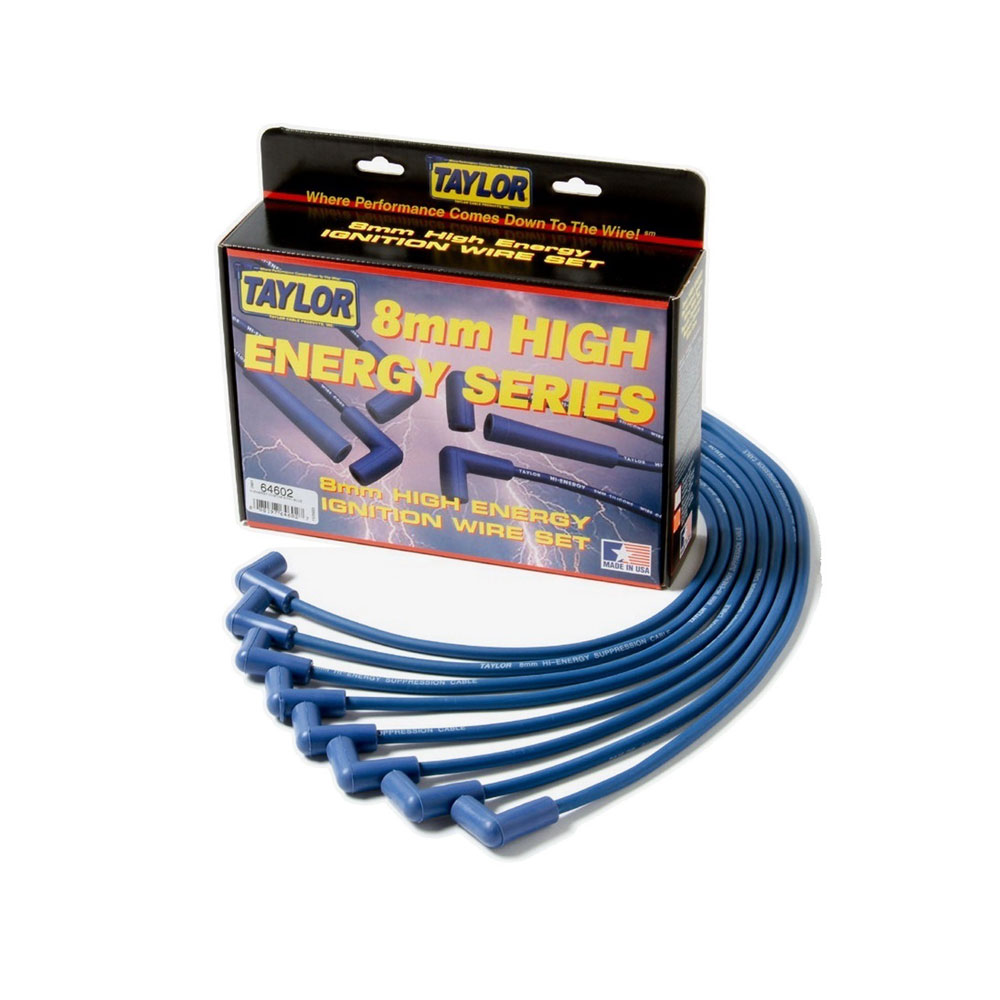 Taylor Cable Spark Plug Wires 64614; High Energy 8 mm Blue Spiral Core 45 deg./Straight Female/Socket for 1968 to 1974 Cadillac, Buick, Jeep 350, 455, 472, 500 