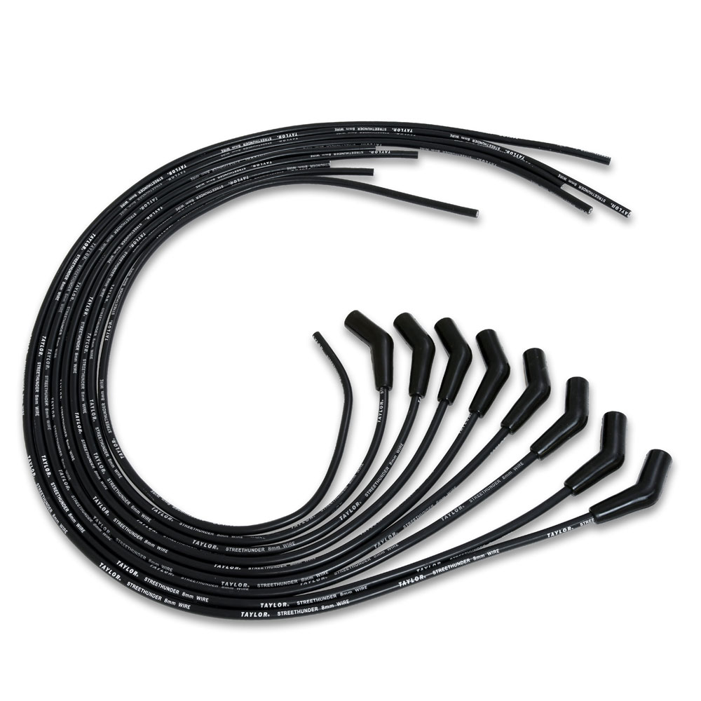 Taylor Cable Spark Plug Wires 50053; Street Thunder 8mm Black Spiral Core 45 deg. HEI/Male and Female/Socket V8 
