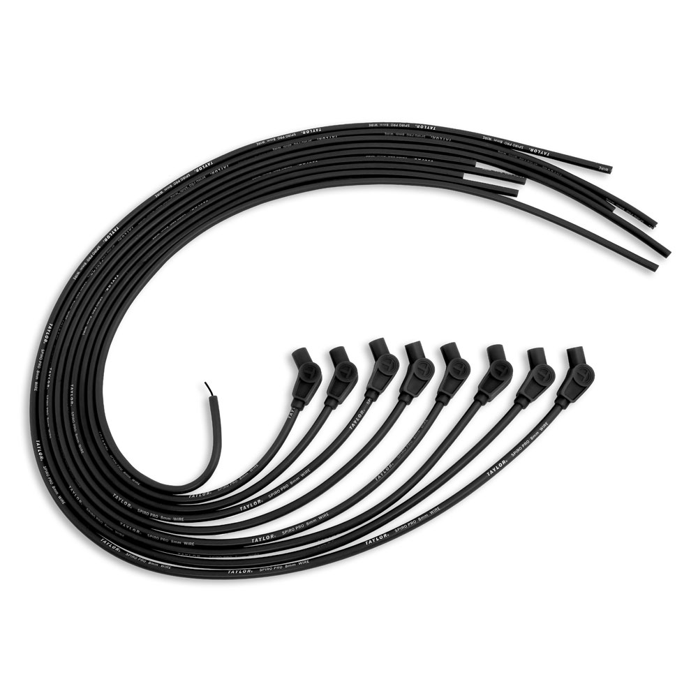 Taylor Cable Spark Plug Wires 73053; Spiro Pro 8mm Black Spiral Core 45 deg. HEI/Male and Female/Socket 