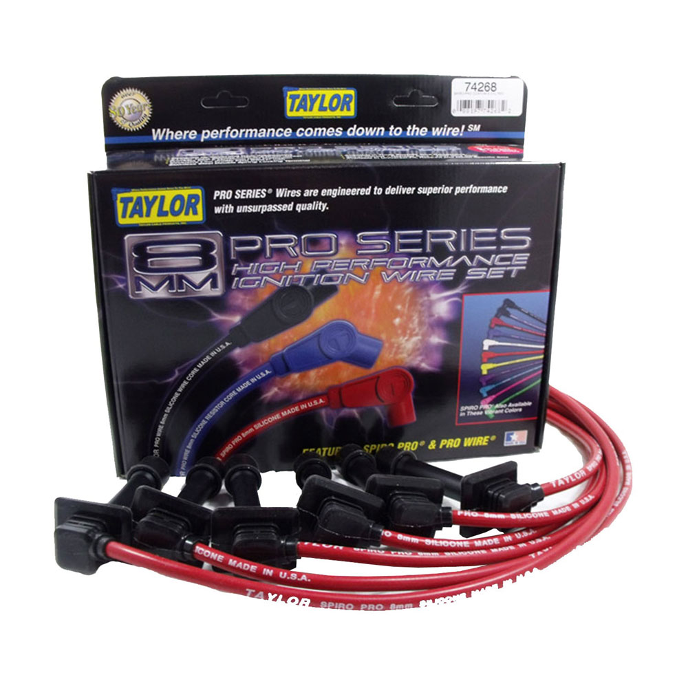 Taylor Cable Spark Plug Wires 74268; Spiro Pro 8 mm Red Spiral Core OE Coil Pack for 1989 to 1995 Ford Taurus SHO 3.0L, 3.2L DOHC 