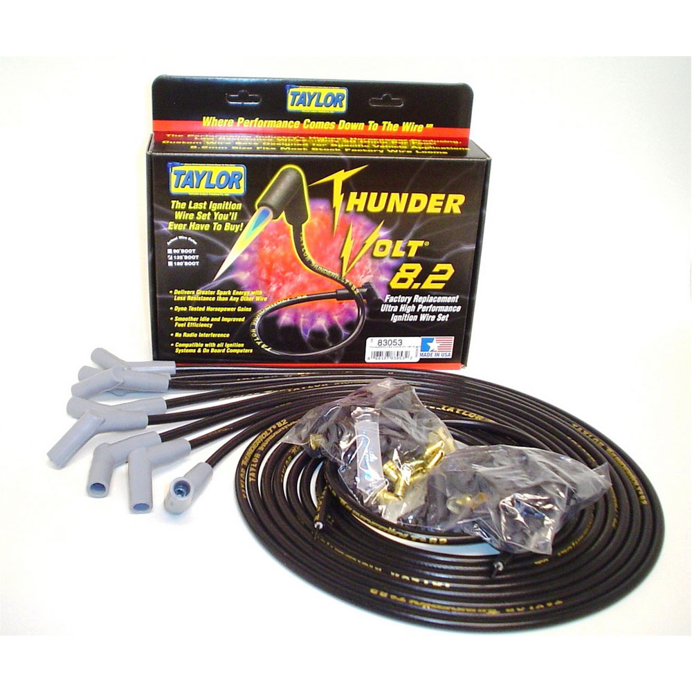 Photo for Taylor Cable Spark Plug Wire Set 83053; ThunderVolt 8.2mm Black Spiral Core 45 deg. HEI/Male and Female/Socket V8