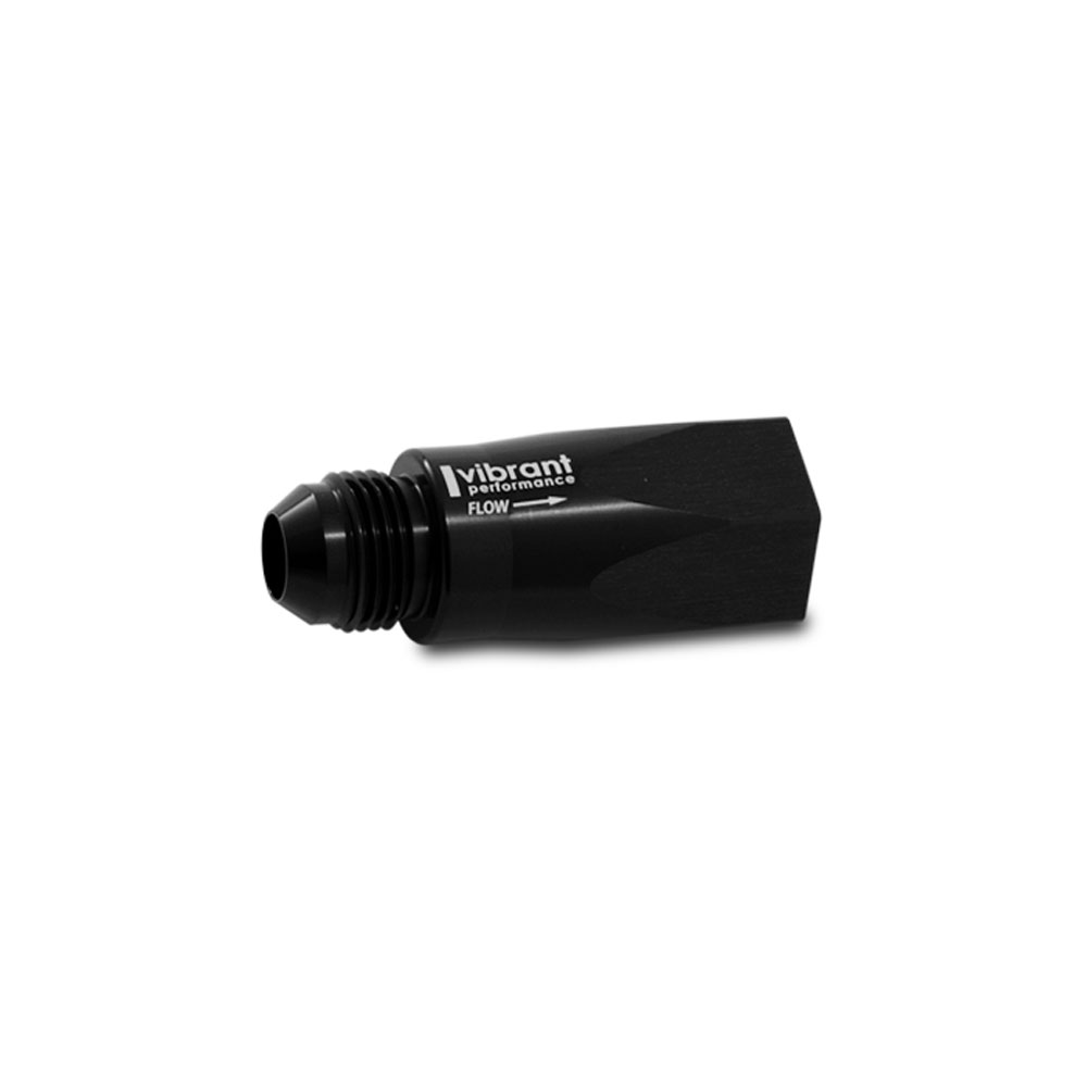 Vibrant Performance Inline Fuel Check Valve 11118; Inline One Way Check Valve Inline Black Anodized -08AN Male Straight -08AN ORB Female 