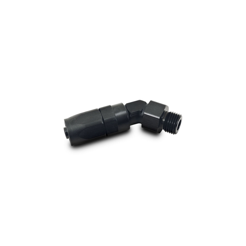 Vibrant Performance Fuel Hose Fitting 24403; Swivel Hose End Black Anodized -06AN 45 deg. -08AN ORB Male 