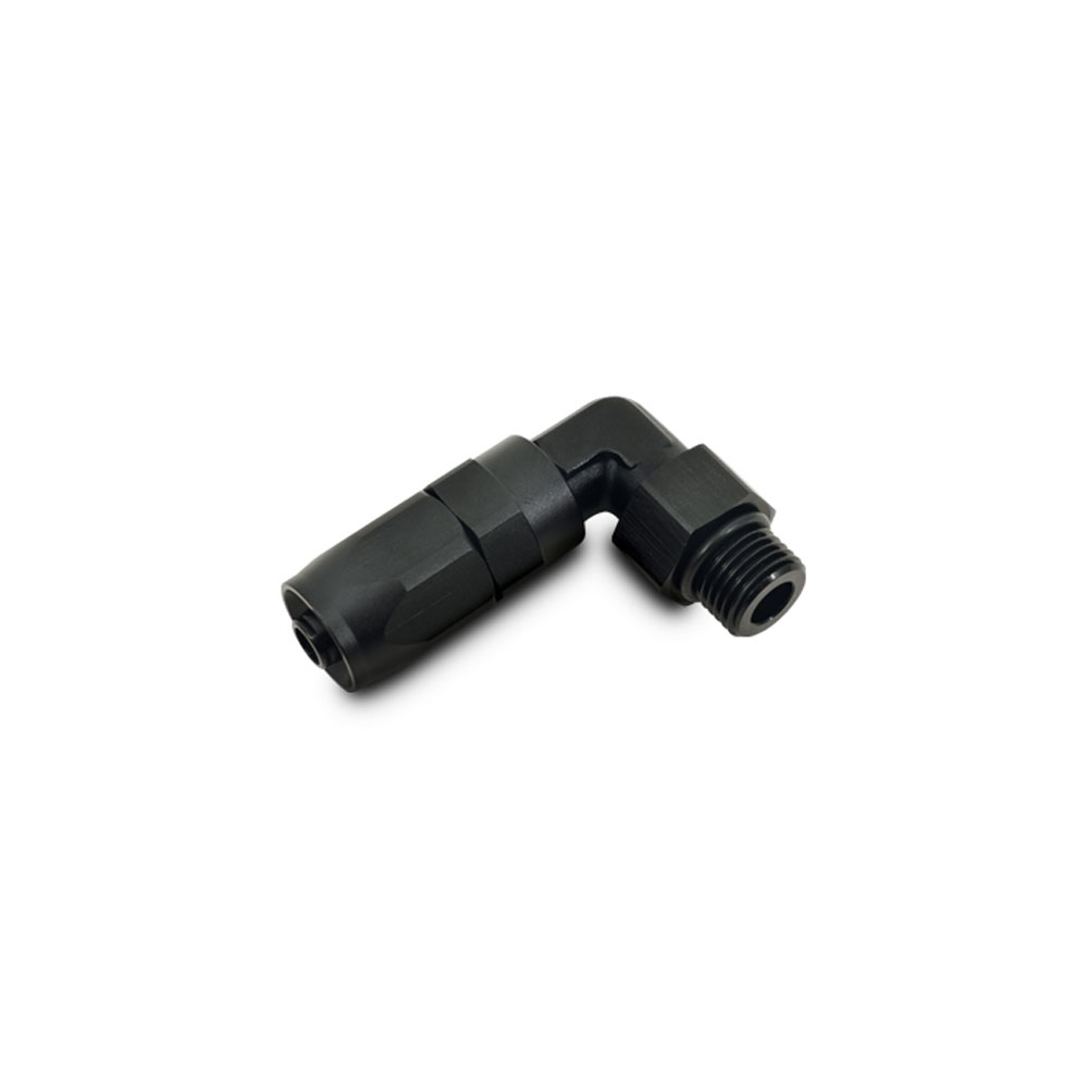 Vibrant Performance Fuel Hose Fitting 24900; Tight Radius Forged Swivel Hose End Black Anodized -06AN 90 deg. -04AN ORB Male 