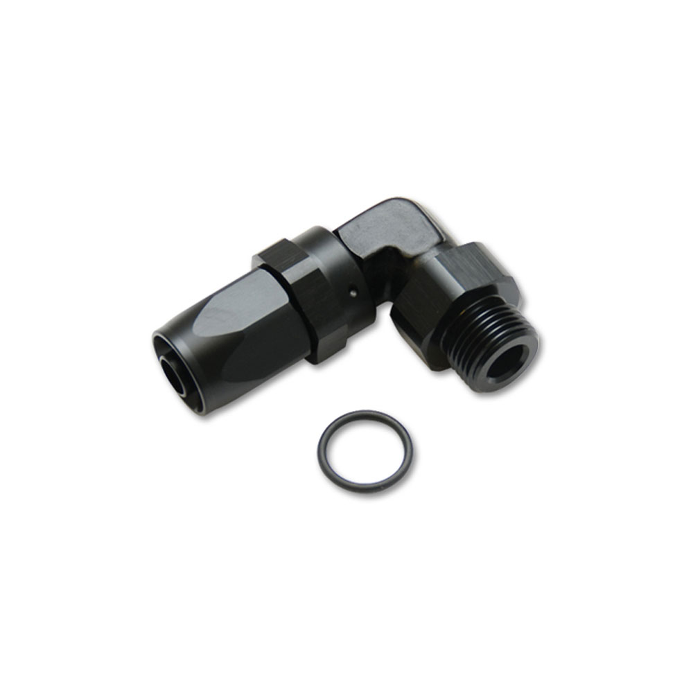 Vibrant Performance Fuel Hose Fitting 24900; Tight Radius Forged Swivel Hose End Black Anodized -06AN 90 deg. -04AN ORB Male 