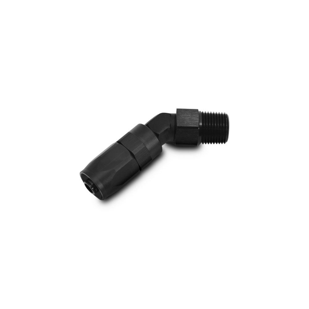Vibrant Performance Fuel Hose Fitting 26400; Tight Radius Forged NPT Hose End Hose End Black Anodized -06AN 45 deg. 1/8 in. NPT Male 