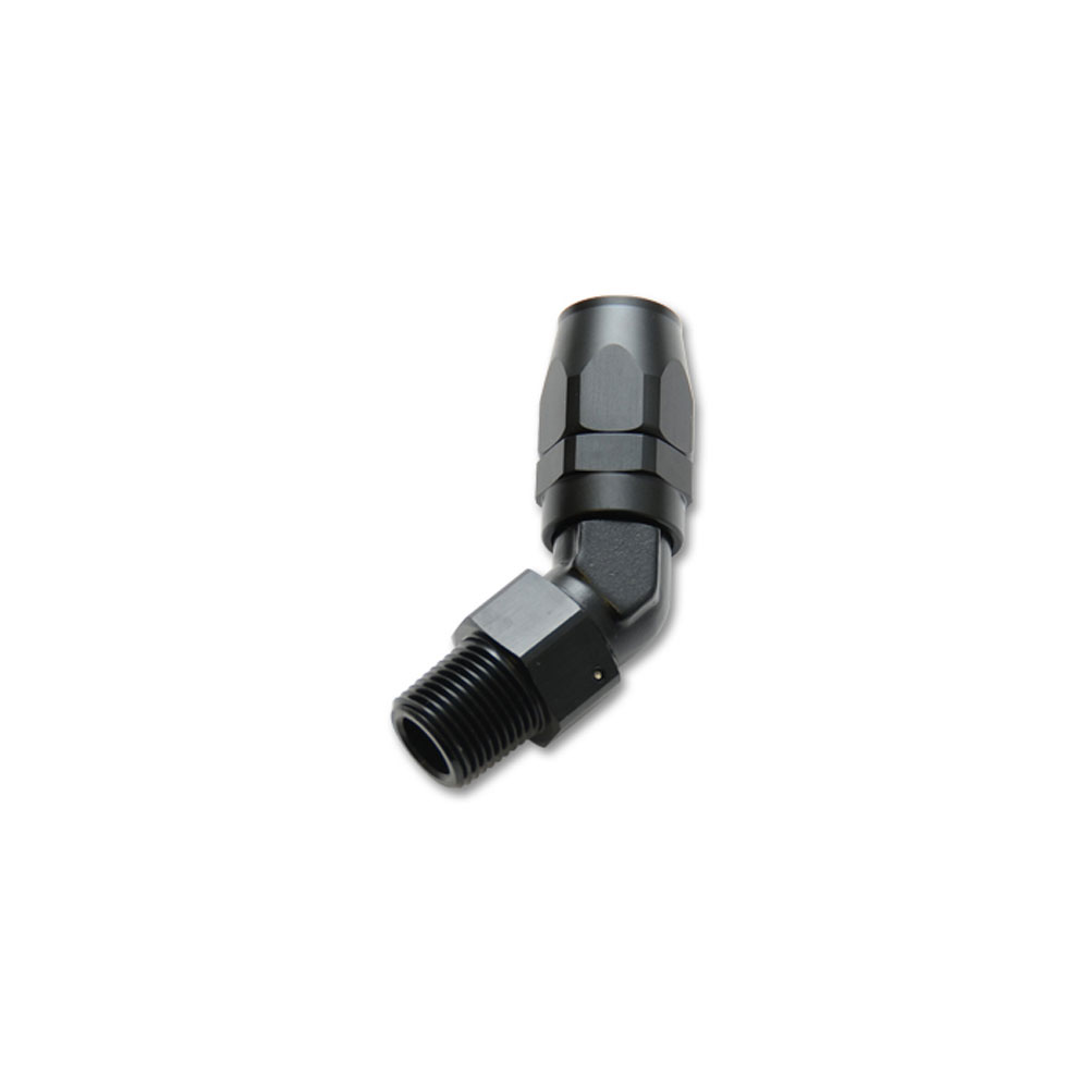 Vibrant Performance Fuel Hose Fitting 26400; Tight Radius Forged NPT Hose End Hose End Black Anodized -06AN 45 deg. 1/8 in. NPT Male 