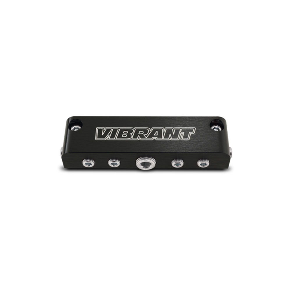 Vibrant Performance Crankcase Vacuum Manifold 2691; 1 Port 3/8 in. NPT Female 6 Bolt 1/8 in. NPT Female Black Anodized Billet Aluminum 