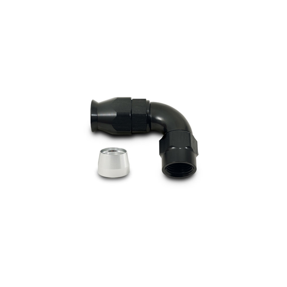Vibrant Performance Fuel Hose Fitting 28910; High Flow PTFE Hose End Hose End Black Anodized -10AN 90 deg. 