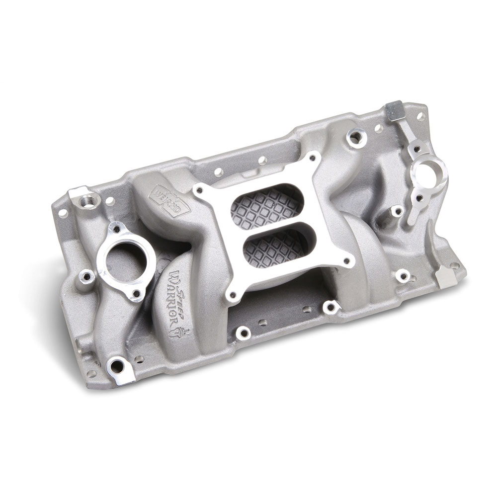 Weiand Intake Manifold 8501WND; Speed Warrior Dual Plane 1500 to 6700 Satin Aluminum for 1955 to 1986 Chevy 262 to 400 